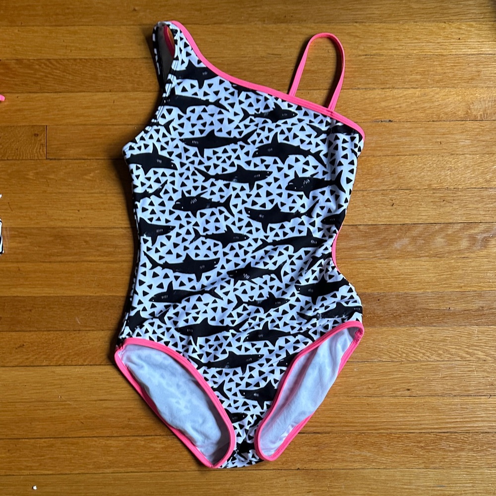 Art Class Girls One-Piece Swimsuit - Black and White Sharks with Pink Trim